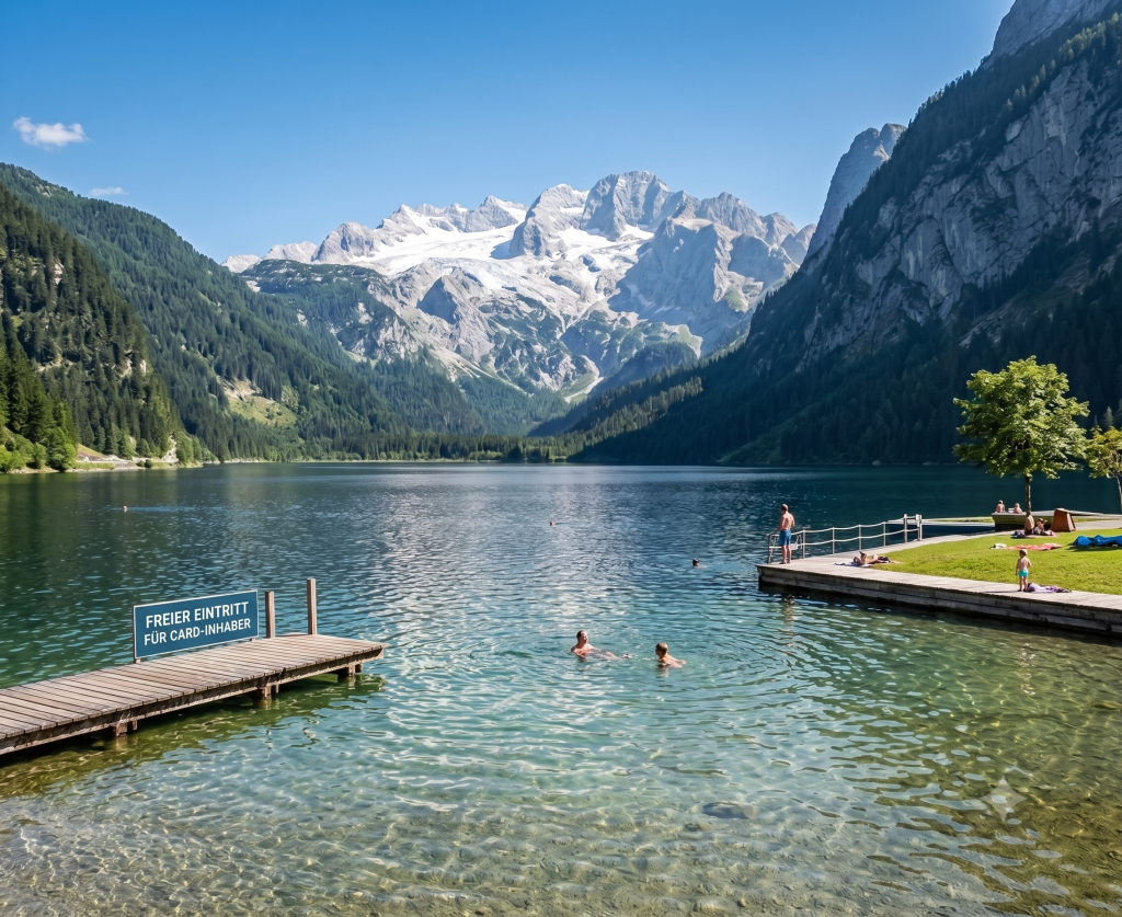 Bergsee mit Badesteg und Blick auf den Gletscher