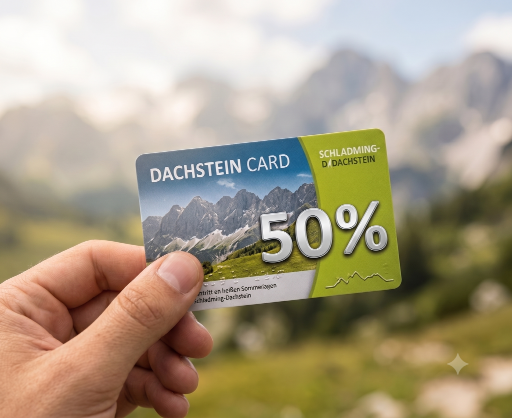 Hand hält eine Dachstein Card mit 50-%-Hinweis