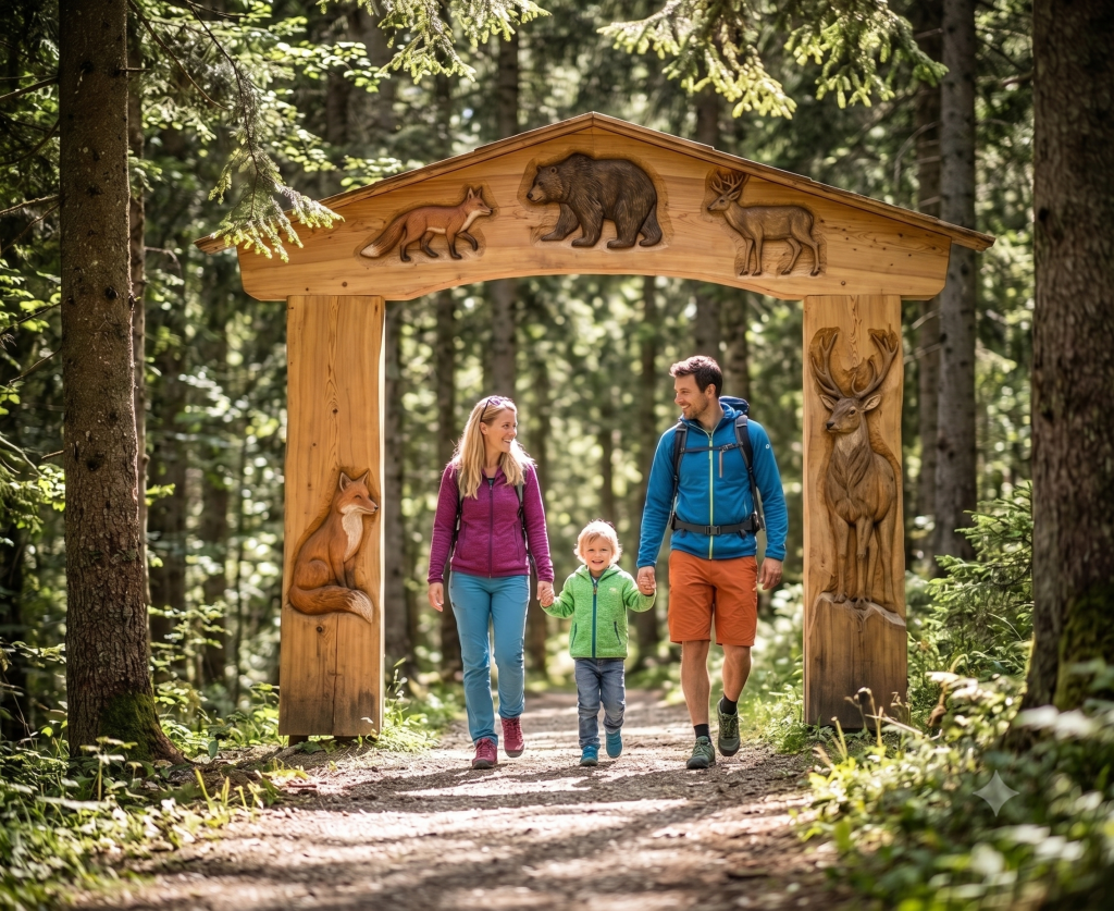 Familie wandert durch ein geschnitztes Holztor im Wald