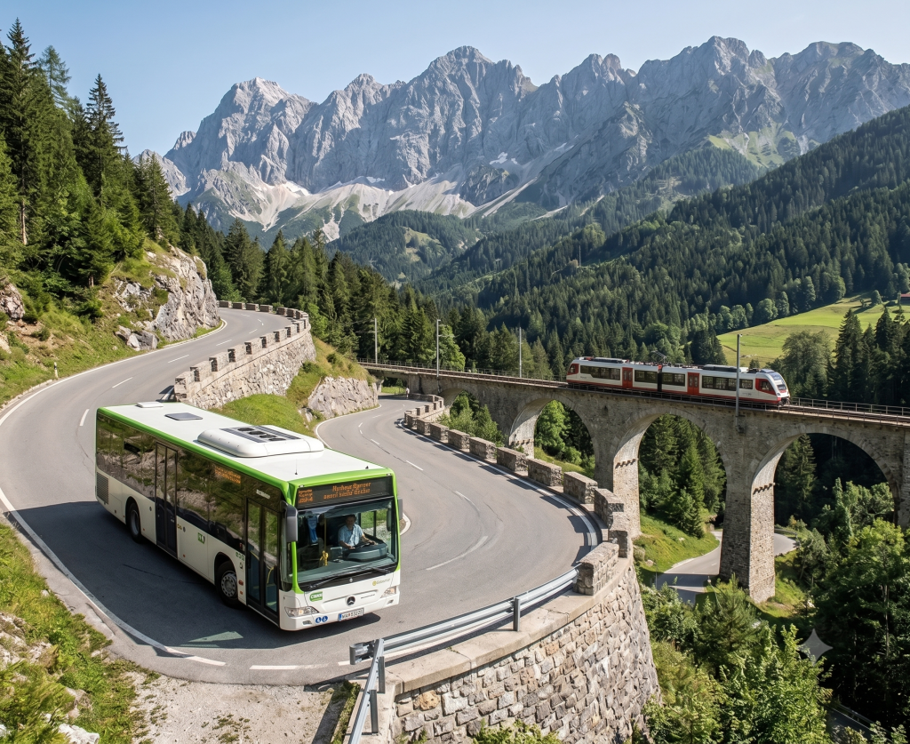 Linienbus auf einer Panoramastraße, daneben ein Zug auf einem Viadukt