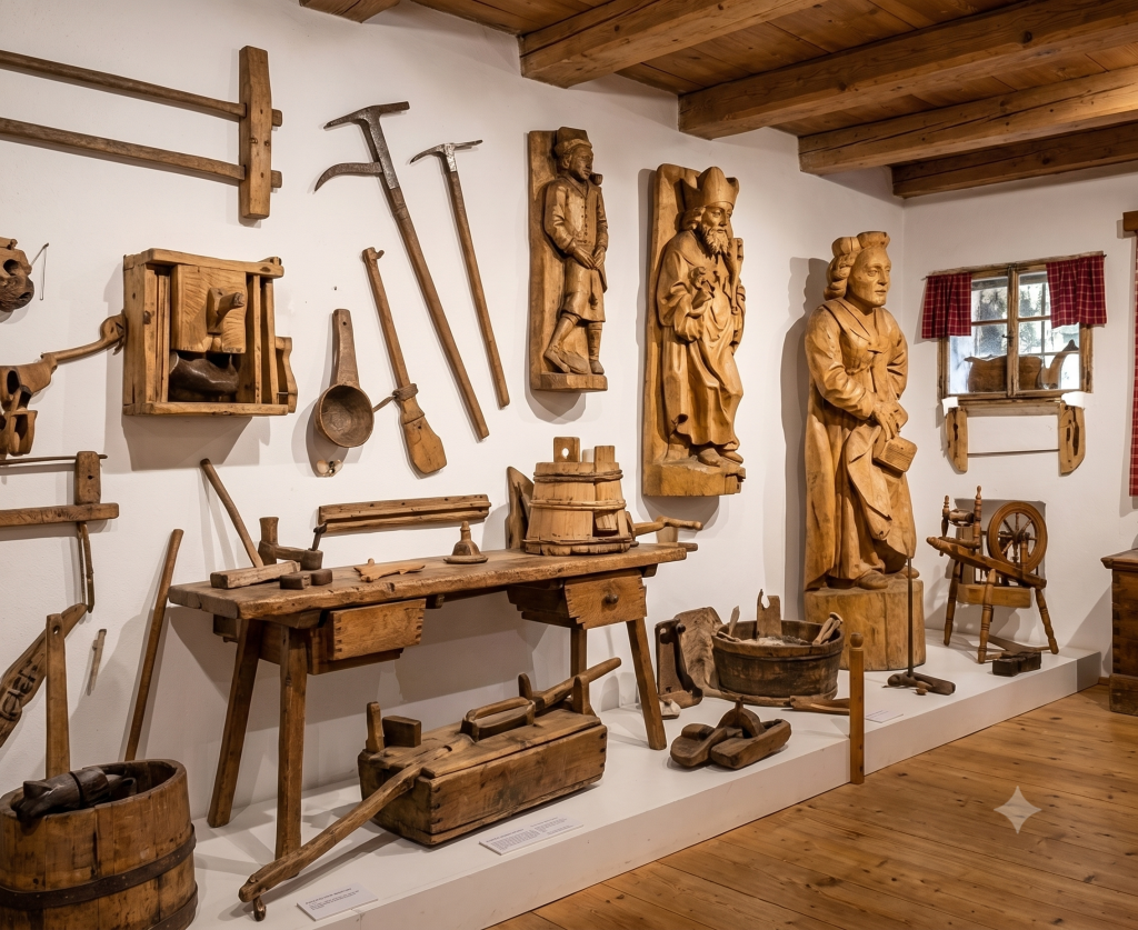 Museum mit Holzschnitzereien und altem Handwerkszeug