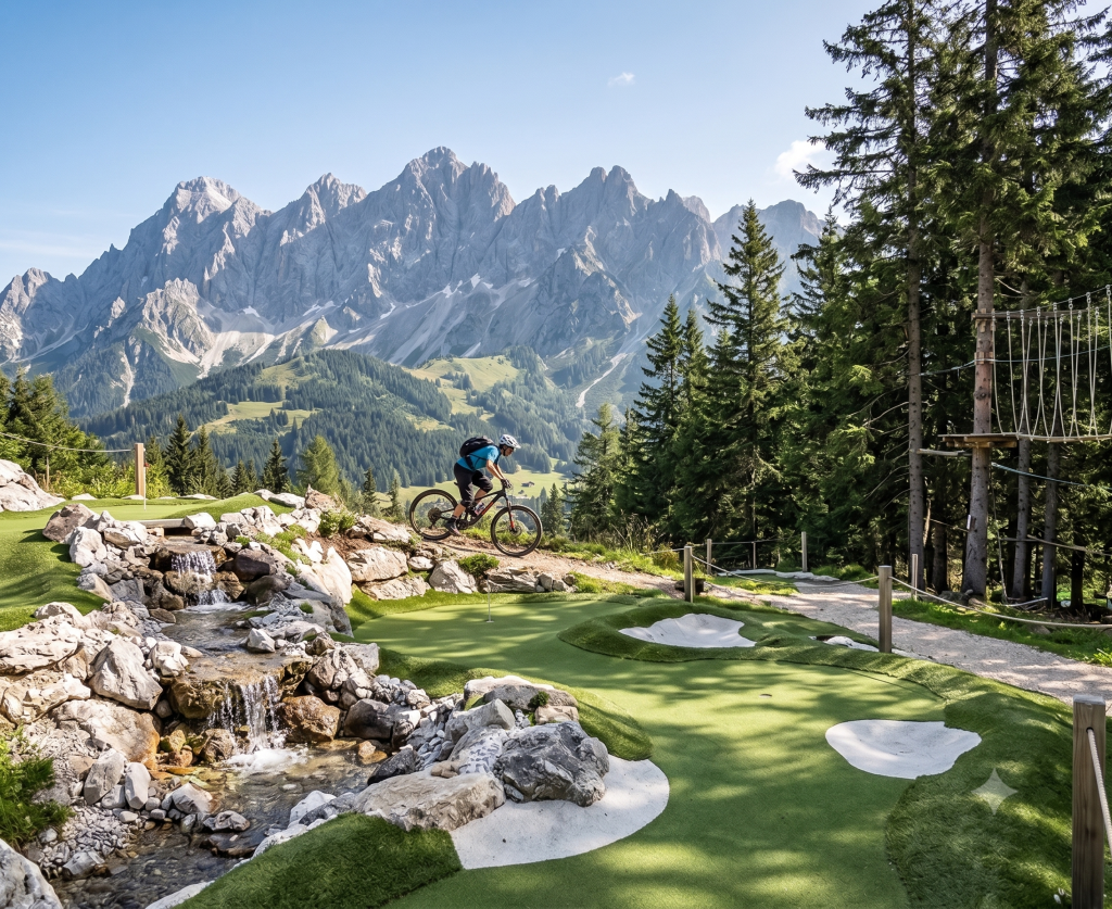 Minigolfanlage vor Bergkulisse